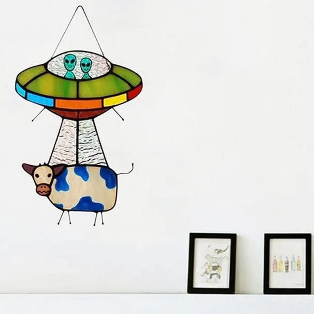 

Painted UFO Pendant-Alien Cow Stained Glass Suncatcher Window Panel,Creative Painted UFO Alien Cow Decoration Gifts Hanging