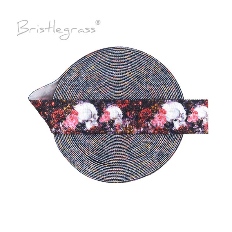 

BRISTLEGRASS 2 5 Yard 5/8" 15mm Rose Skull Print Foldover Elastic FOE Spandex Satin Band Hair Tie Headband Dress DIY Sewing Trim