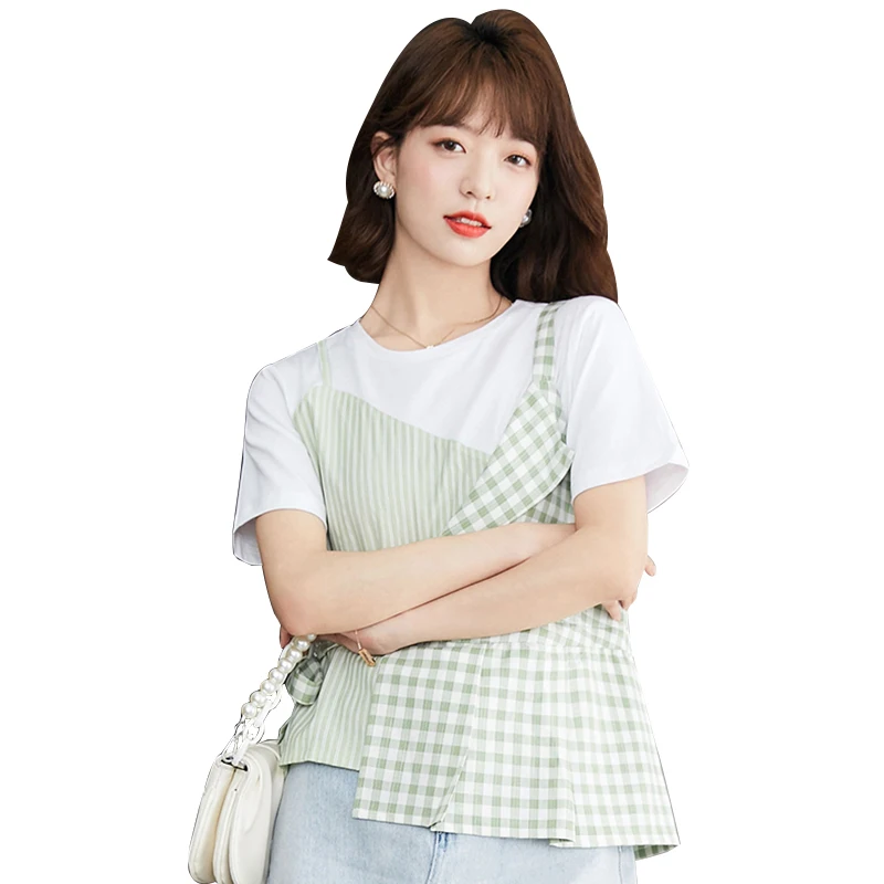 

Irregular Short-Sleeved T-shirt Women's Design Sense Niche Plaid Stitching Summer 2021 New round Neck Fake Two-Piece Top