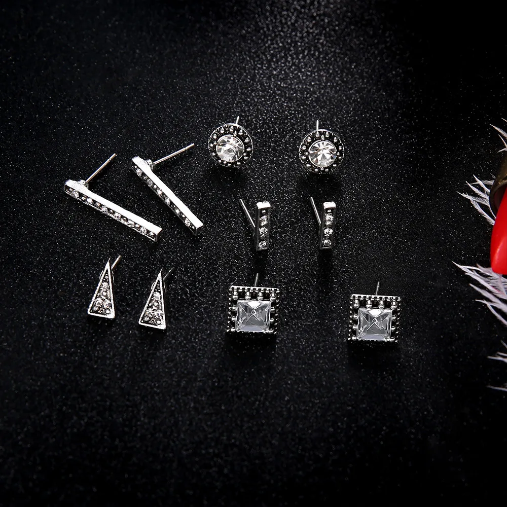 

Fashion Stud Earrings Set 5 Pairs/Set Silver Color Triangle Bar Crystal Earrings for Women Boho Jewelry Brincos New