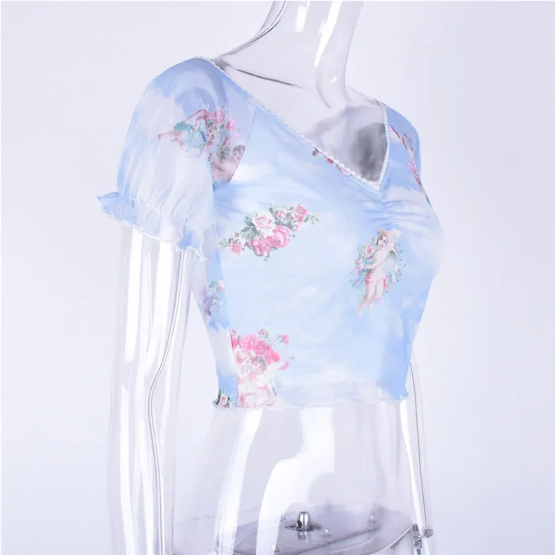 Футболка женская с оборками Приталенный топ коротким рукавом V-образным вырезом