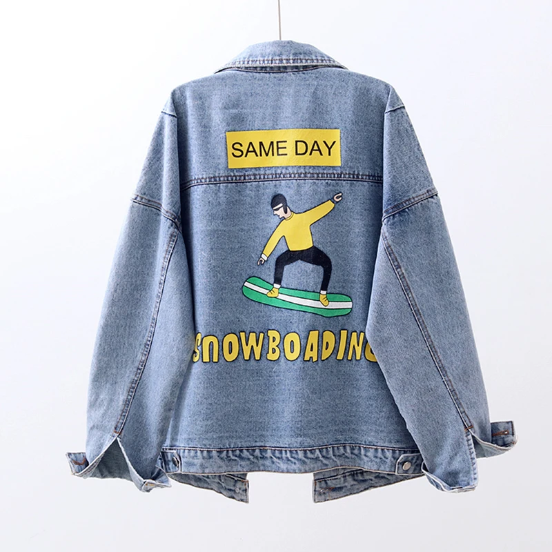 

PERHAPS U Women Blue Letter Cartoon Print Denim Jacket Single-breasted Pocket Long Sleeves Turn Down Collar Jean Coat C0177
