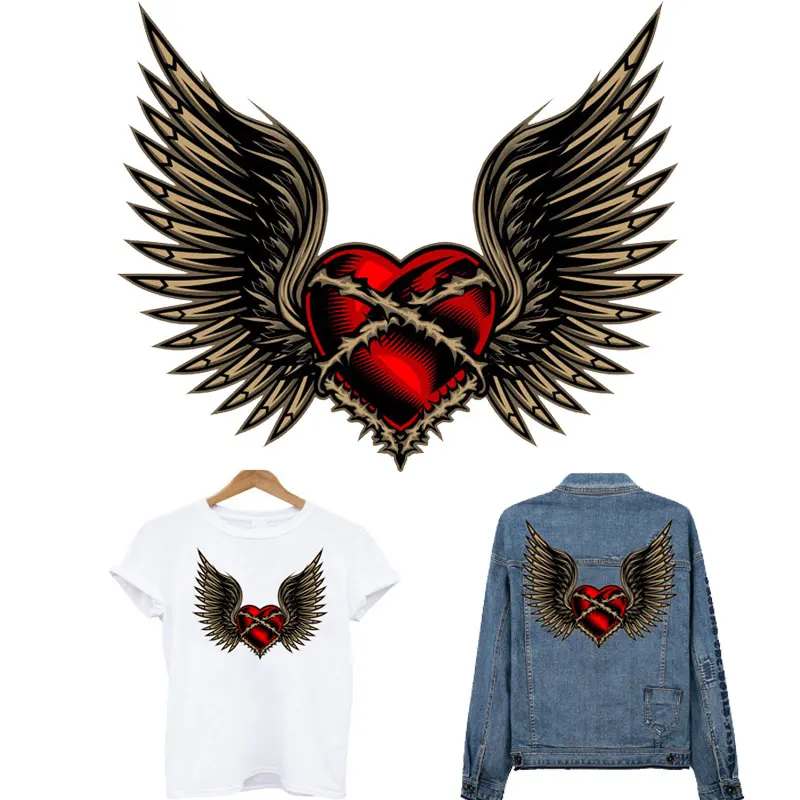 

Red Heart Angel Black Wings Iron on Patches for Clothing Cool Thermo Stickers on Clothes Heat Transfer Appliques Custom Cyanrose
