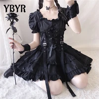 ybyr black gothic lolita dress japanese girl punk style puff sleeve bandage mini dress women sexy ruffles dresses club clothes