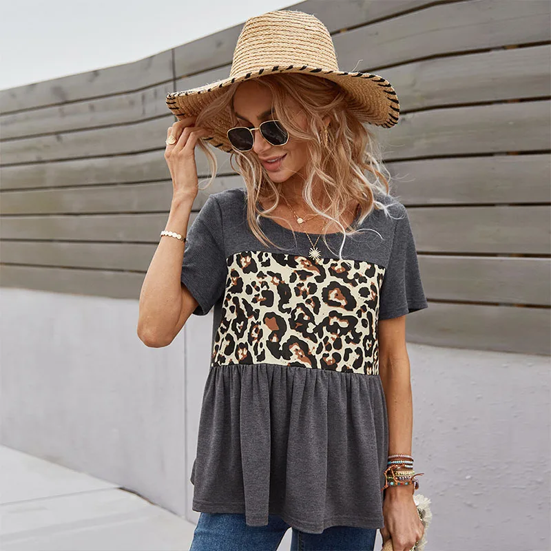 

Short Sleeve T-shirts Women's Casual Home Female Clothing Summer Leopard Print Stitching Loose Top Round Neck Women Pulovers
