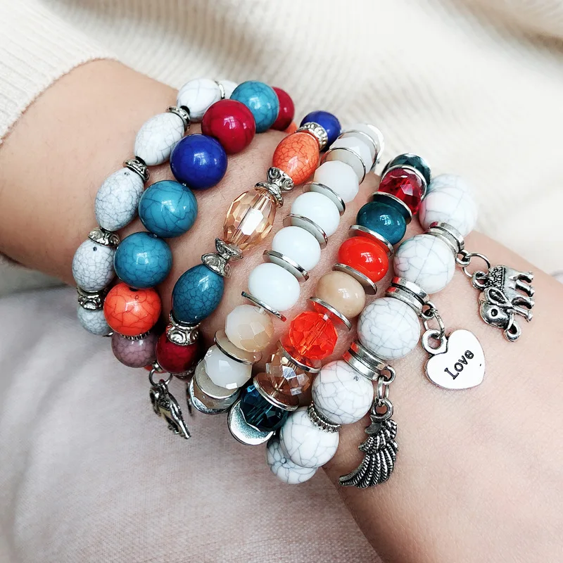 

Bohemian multi-layer combination color beaded bracelet for female with elephant wings pendant bracelet jewelry wholesale