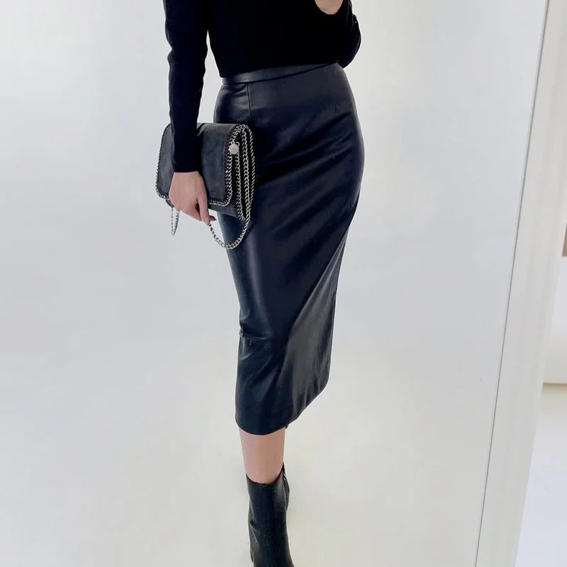 

Sexy 2021 Autumn Women's Skirts Slim Slit Pu Leather High Waist Temperament French Retro Pencil Skirt Women Korean Style