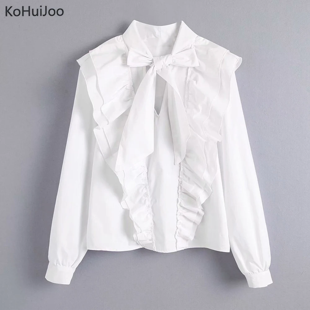 KoHuiJoo женские блузки 2019 осень евро длинный рукав оборки галстук бабочка блузка