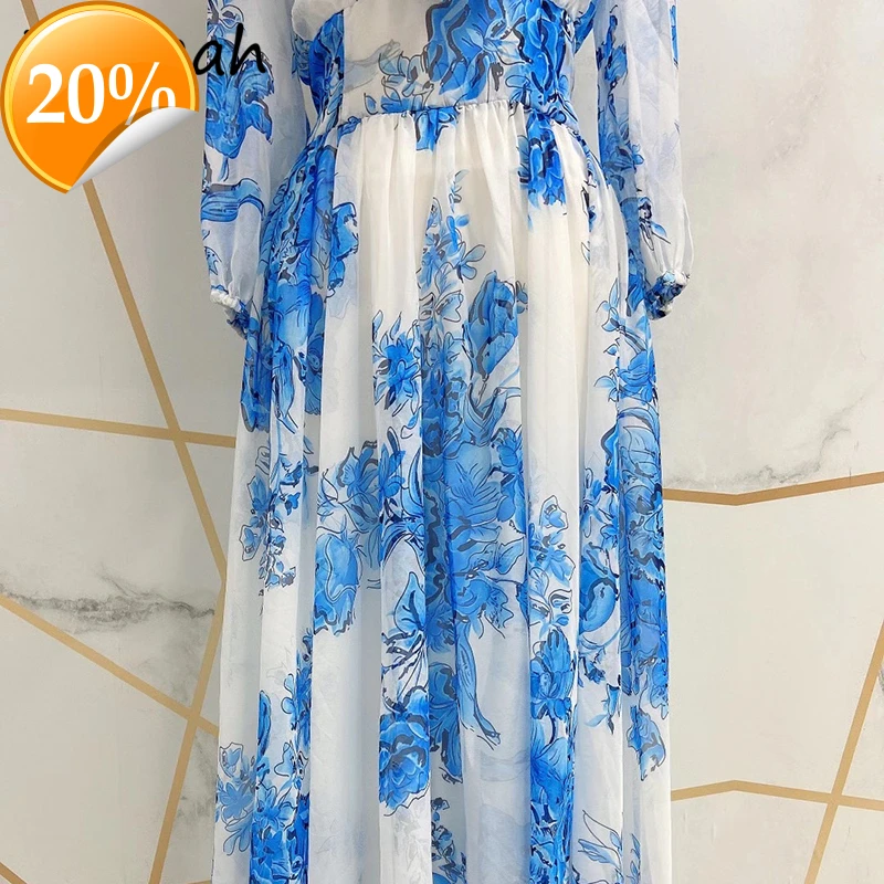 

Summer Women Fashion Runway Holiday Long dress Lateral sleeve Bow High waist Elegant flowers Print ladies Chiffon