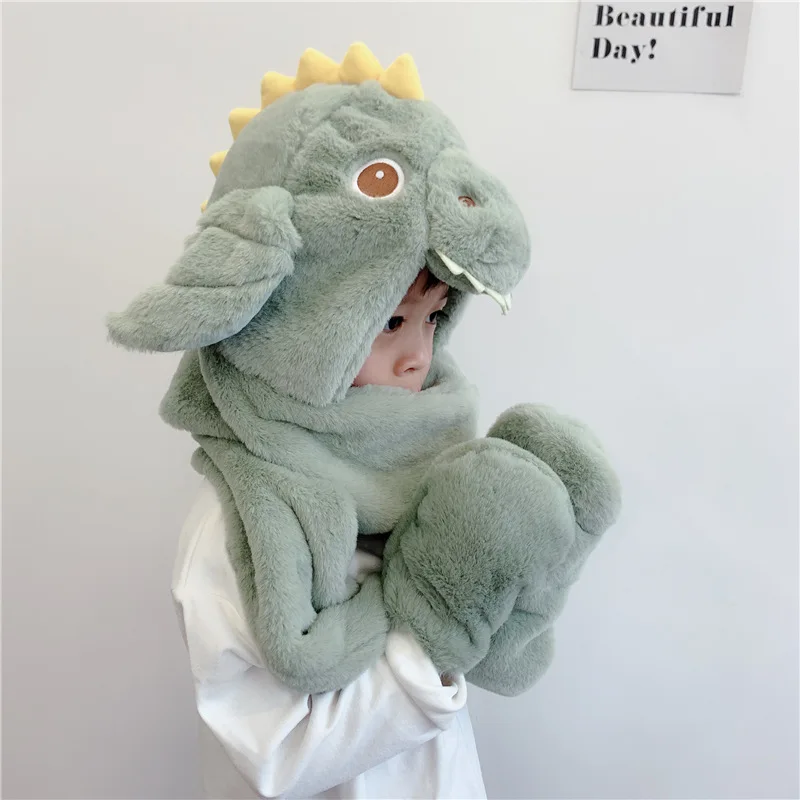 

Dinosaur Children's Hat Scarf Gloves Three Piece One-piece Thickened Boys' and Girls' Winter Warming One-piece Set Kids Hats