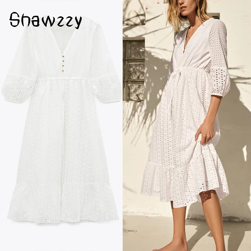 

2021 ZA Openwork Embroidered Summer Dress Women Puff Sleeve Adjustable Drawstring Waist White Party Dresses Lining Vestidos
