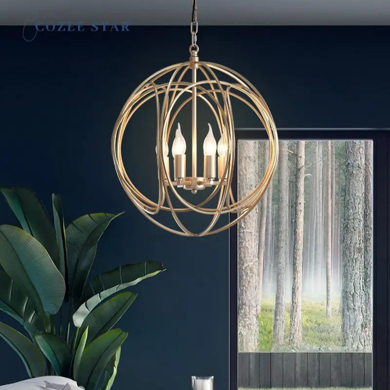 

Vintage LED Chandeliers Lighting Modern Iron Gold Round Birdcage Pendant Hanging Lamps Bedroom Living Room Lights Lustre Fixture
