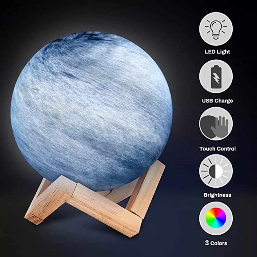 

USB Recharging 3D Glass Galaxy Neptune Night Light Dimmable Touch Control Planet Lamp Kids Home Decor Christmas Gift Wood Stand