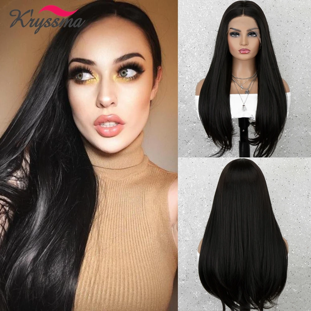 Kryssma Long Straight Synthetic Lace Front Wig  Natural Black Wig For Black Women Free Part Natural Wigs Heat Resistant Hair