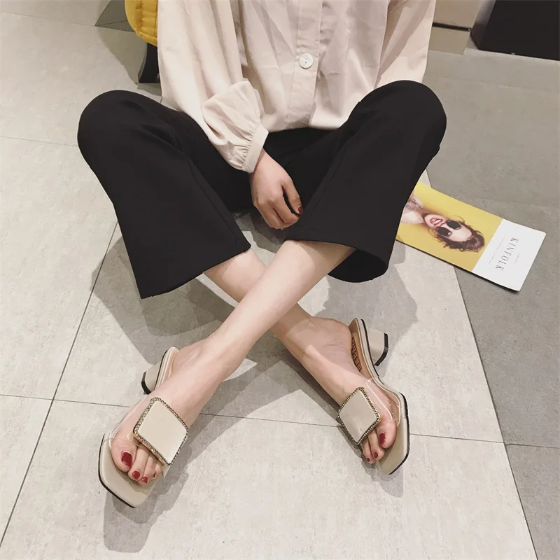 

New Summer Women Slippers Metal Buckle Square Heels PVC Transparent Slippers Female Party Shoes Open Toe Ladies Shoes For Women