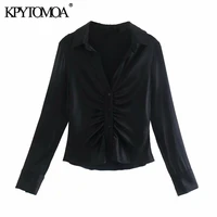kpytomoa women 2021 fashion soft touch pleated fitted blouses vintage long sleeve button up female shirts blusas chic tops