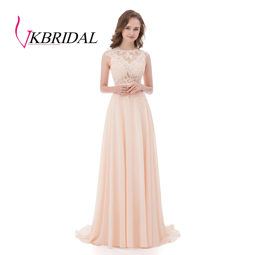 

VKBRIDAL Long Bridesmaid Dresses Pink Chiffon Appliques Lace Beaded Sweetheart Sheer Bodice Formal Gowns Wedding Guest Dress