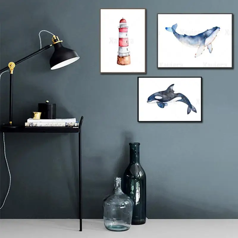 

Nordic Home Decor Poster Cartoon Whale Shark Lighthouse Nursery Wall Art Canvas Painting Mediterranean Living Room Wall Pictures