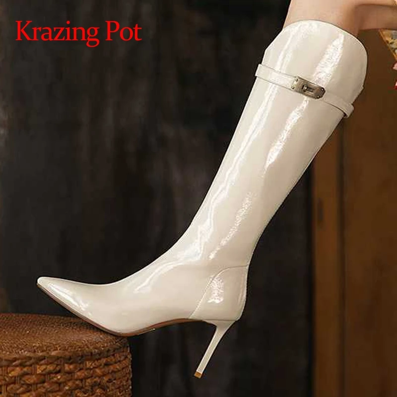 

Krazing Pot sheep patent leather pointed toe stiletto high heels European style mature gentlewomen winter thigh high boots L85