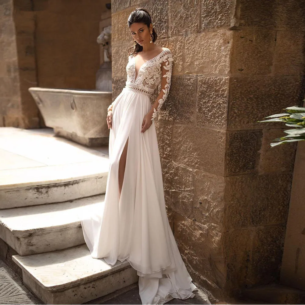 

Женское шифоновое кружевное свадебное платье TIXLEAR в стиле бохо с длинными рукавами и открытой спиной и V-образным вырезом, богемные пляжные свадебные платья