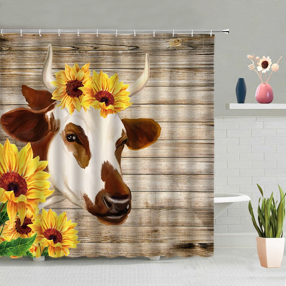 

Cows Sunflower Flowers Shower Curtain Simple Background Decor Bathroom Partition Screens Waterproof Polyester Fabric With Hooks