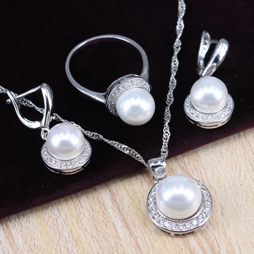Белое жемчужное ожерелье из серьг кольца и кулона для женщин 45 см цепь 925
