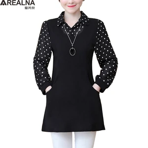 Винтаж Повседневное длинная рубашка с длинными рукавами с узором в горошек из шифона с имитацией Двойка Женские топы и блузки размера плюс уличная блузка 5XL