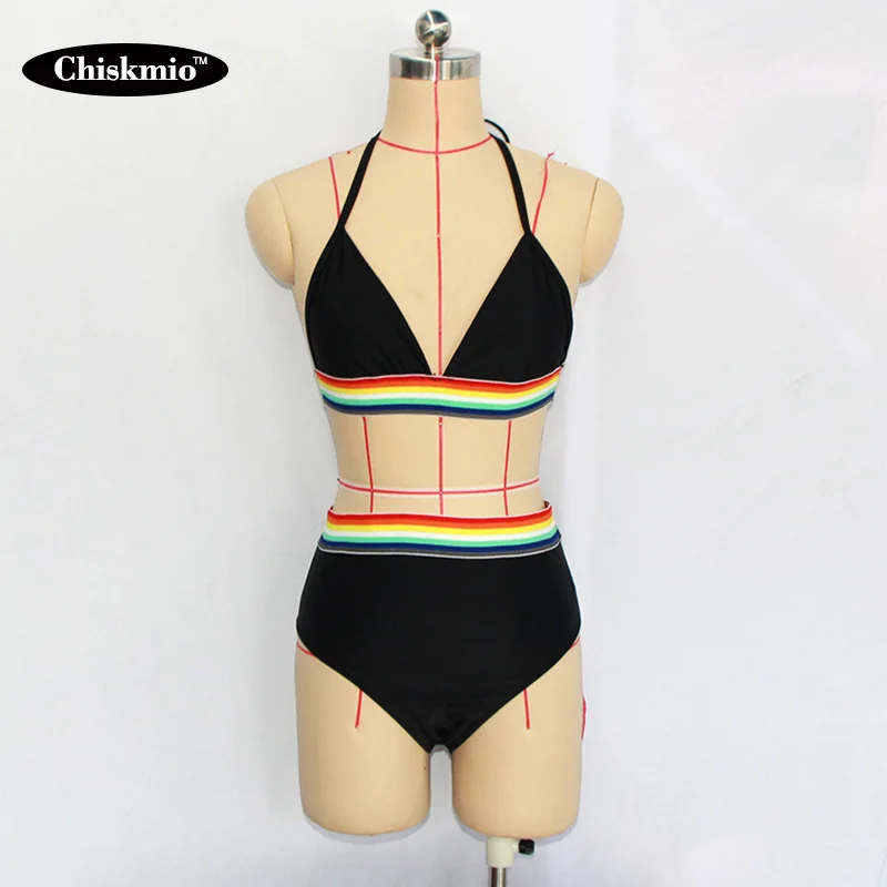 

2021 Women Solid Color Two Piece Deep V Sexy Bikini Swimsuit Rainbow Stripes Stitching Swimwear High Waist Halter Bathing Suit