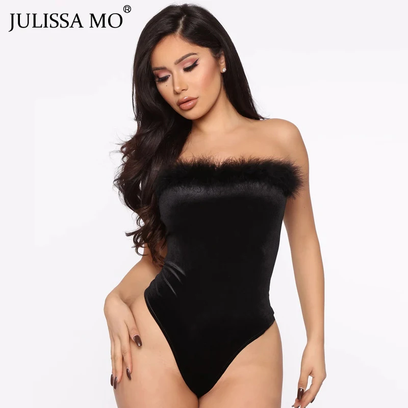 Julissa mo черное искусственное меховое перо Сексуальное Женское боди без рукавов с открытыми плечами женские бархатные без бретелек Клубные Вечерние боди