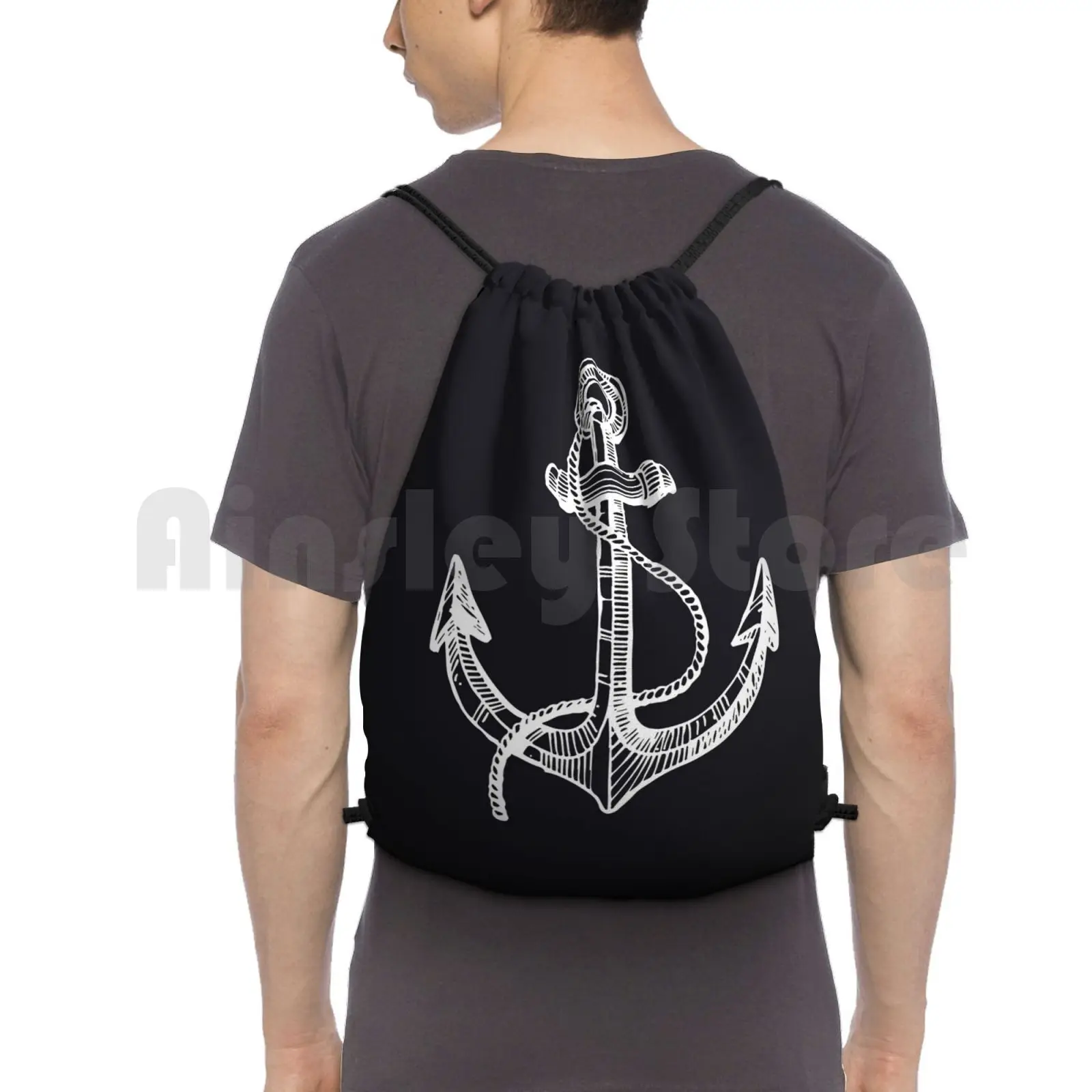 

Anchor And Steering Wheel Backpack Drawstring Bags Gym Bag Waterproof Anchor Pattern Blue Black Hand Drawn White Marine