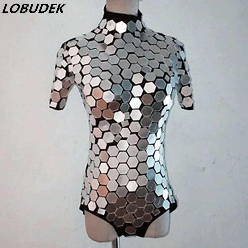 Mirror Stage Costume Silver Sequins Short Sleeve Bodysuit Women Space Dance Sexy Bar DJ Singer Leading Team Outfit | Тематическая