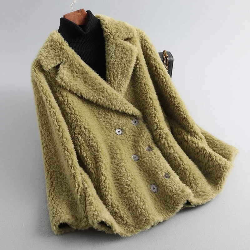 

Woman 2021 Winter New Genuine Fur Coats Double Breasted Casual Wool Outwear Female Thick Warm Sheep Shearing Jacket X778