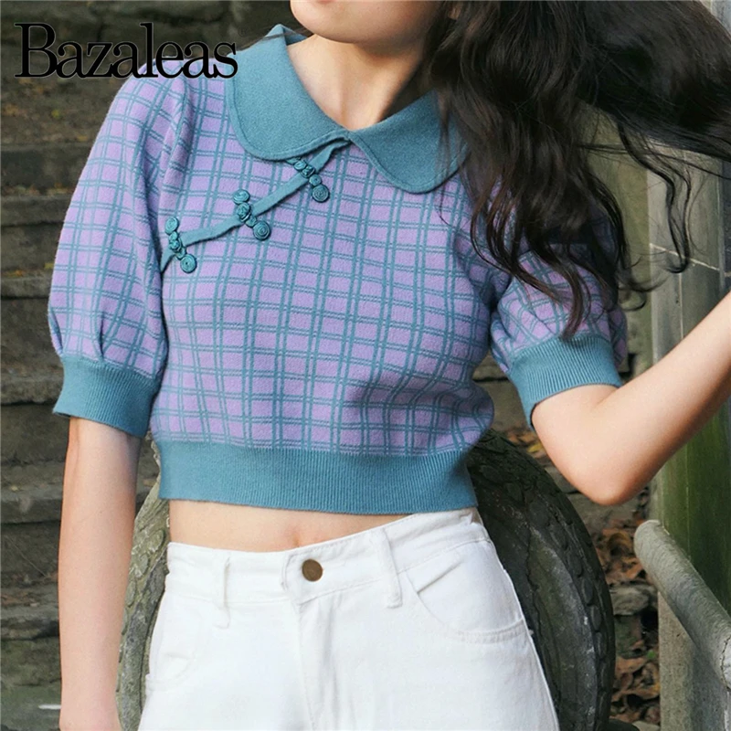 Женский винтажный хлопковый свитер Bazaleas фиолетовый синий клетчатый пуловер с