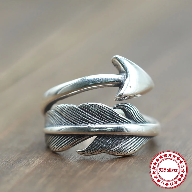

S925 sterling silver open ring personality classic fashion Indian national feather retro style high-end send lover jewelry gifts