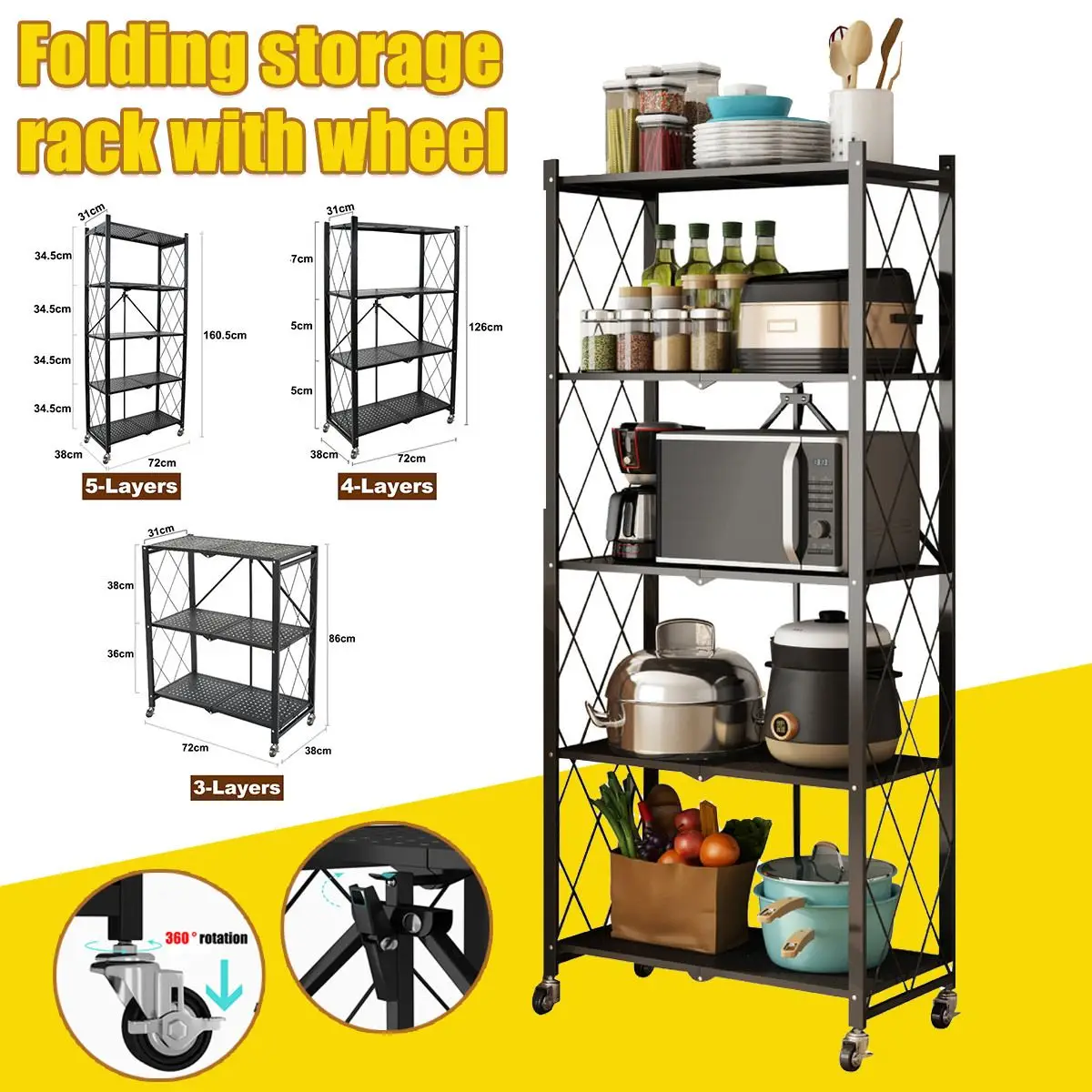 

5 Layer Folding Storage Rack with Wheel Movable for Living Room Bedroom Kitchen Home Space Saving Organizer