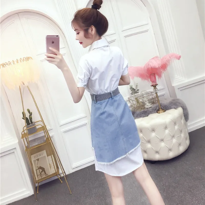 Женское платье с коротким рукавом и джинсовой юбкой комплект из двух предметов в