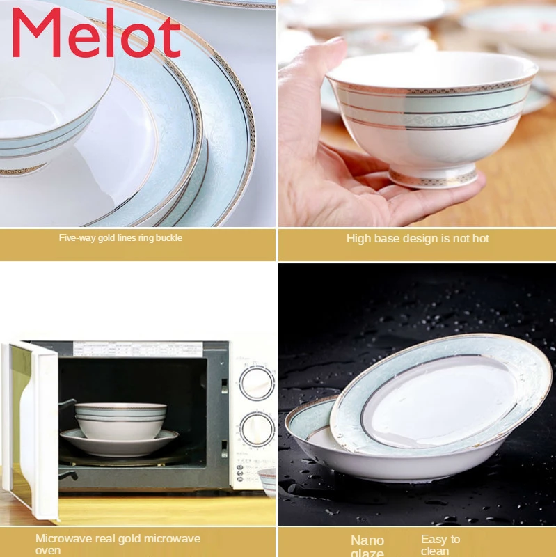 

Bone China Tableware Dishes Set Household Combination Ceramic Tableware Jingdezhen Simple Modern Chinese Bowls and Plates