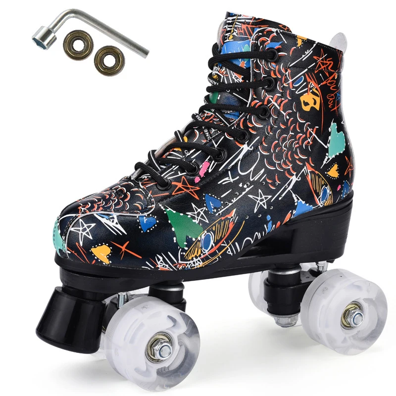 Microfiber Graffi Printing Leather Roller Skates Double-Row 4 Wheels Woman Man Black Skating Shoes Patines Europe Size 36-45