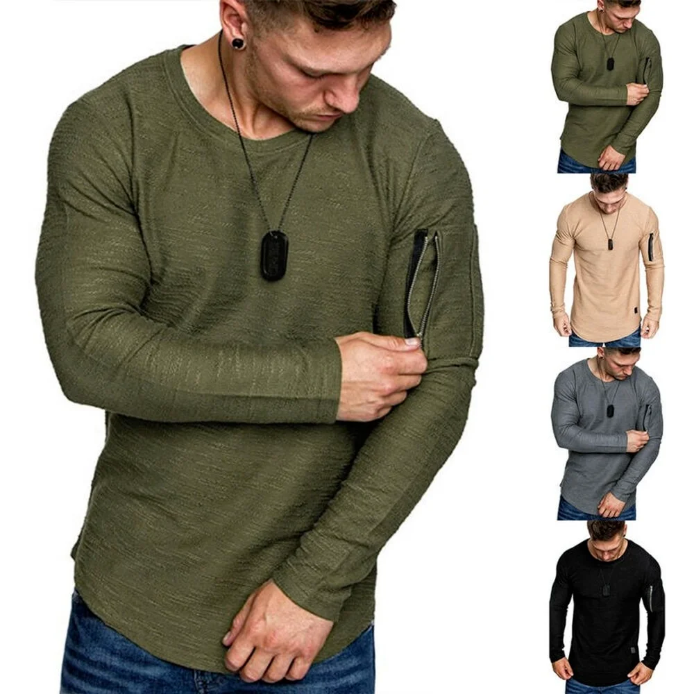 

Men's Long Sleeve Round Neck Pocket Zipper T-Shirt Plain Pullover Multi Colours