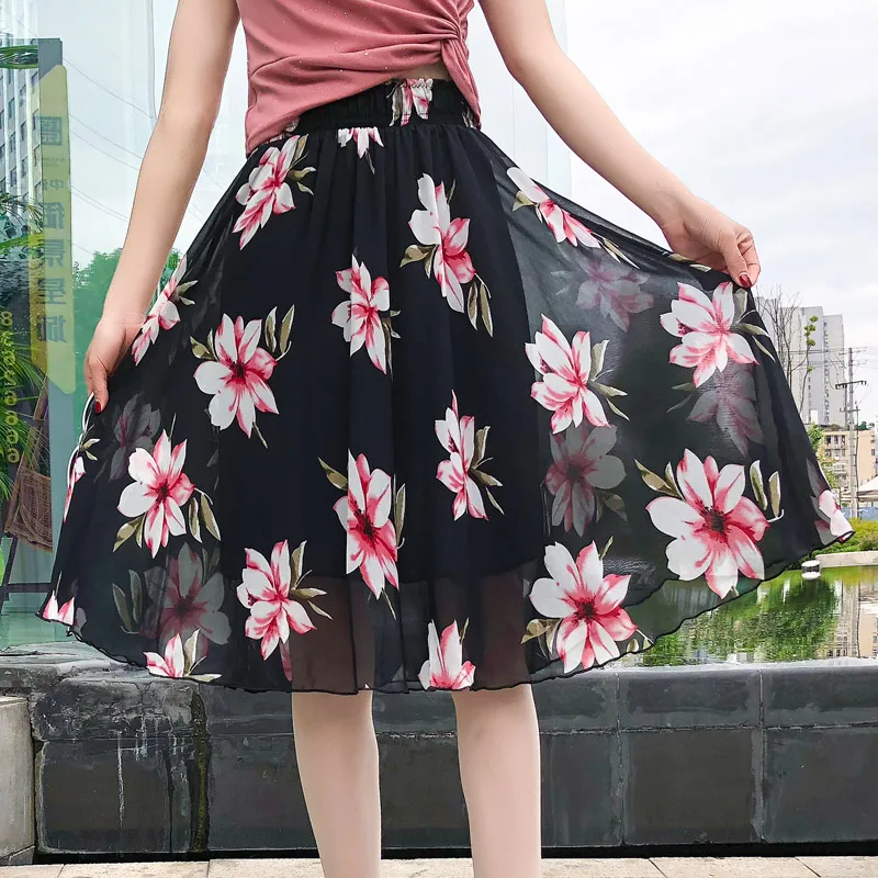 Юбка женская шифоновая средней длины с цветочным принтом и завышенной талией |