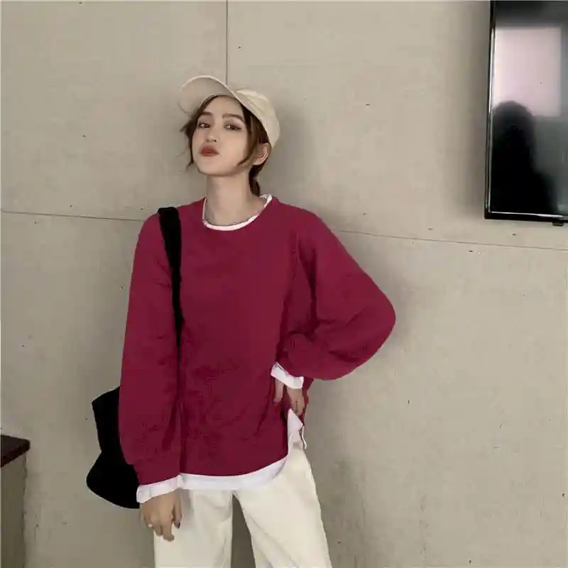 

Sweatshirt Women Pullover Loose Korean Autumn Fake Two-piece Long-sleeved Tops Kawaii Clothes Oversized Crewneck Sweatshirt