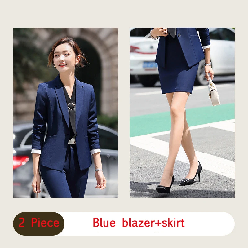 blue blazer skirt Осенне-зимний женский профессиональный костюм со штанами, Женская деловая рабочая одежда, офисный Блейзер, куртка, Униформа, черный, синий, наряд, плюс размер - Цвет: blue blazer skirt
