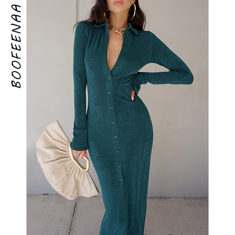 

BOOFEENAA Button Up Long Sleeve Maxi Dress 2021 Fall Clothes for Women Elegant Sexy Knit Dresses Vacation Outfits C76-EH47