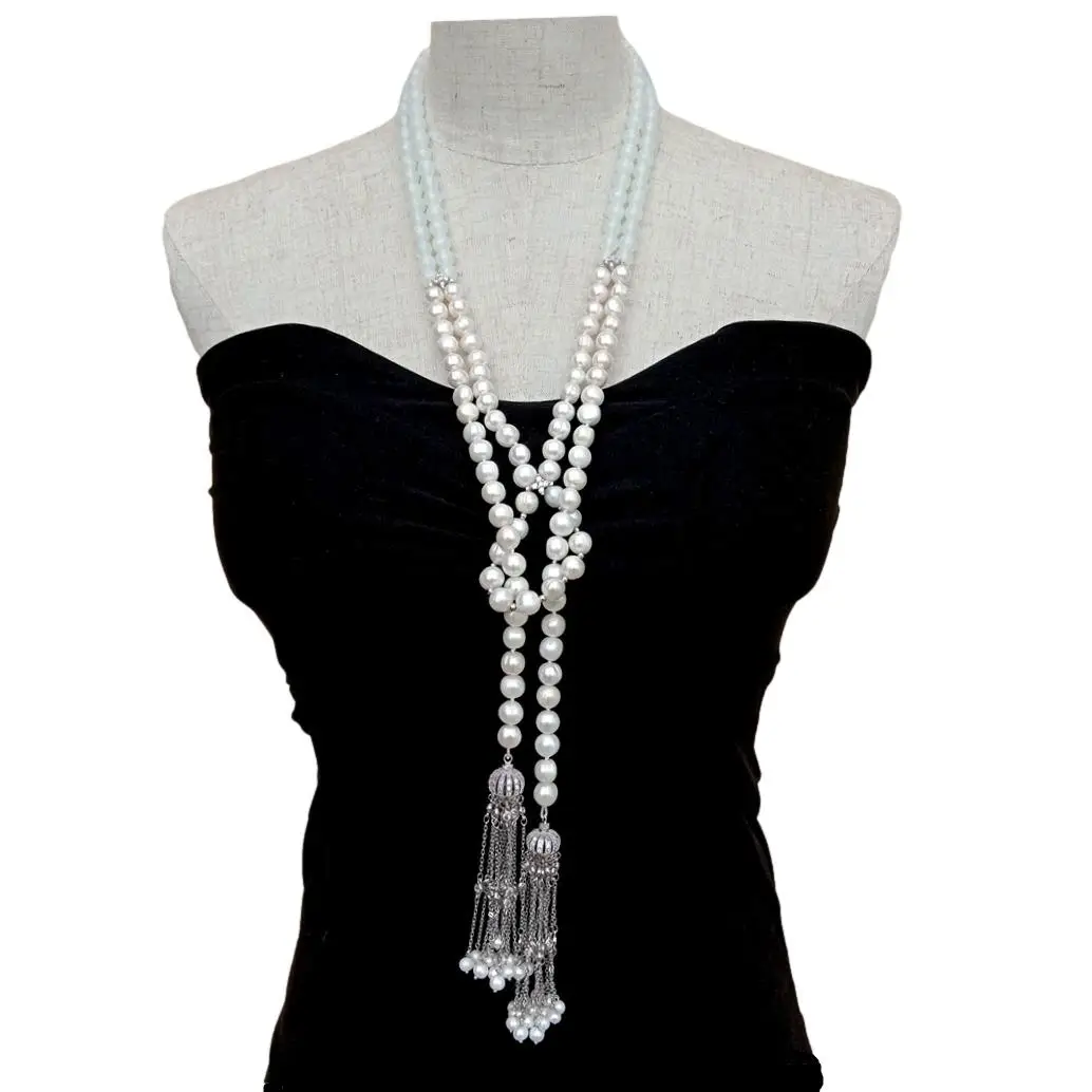 Длинное ожерелье YYGEM длинная цепочка 9-10 мм с пресноводным культивированным Белым