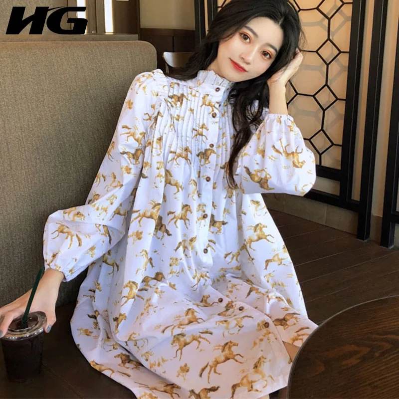HG французский принт плюс размер платье женщина с воротником-стойкой свбодная 2019