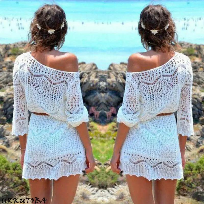 Женский белый кружевной вязаный пляжный свитер летний сексуальный прозрачный