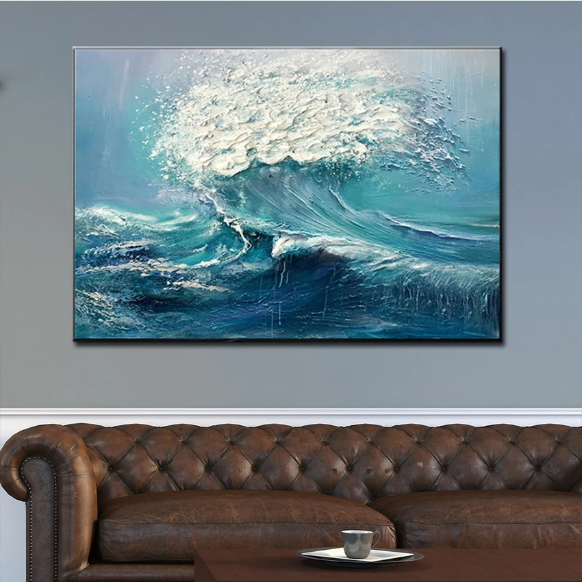 

Hand painted seascape painting handmade oil painting blue sea spray spray canvas painting bedroom wall without frame