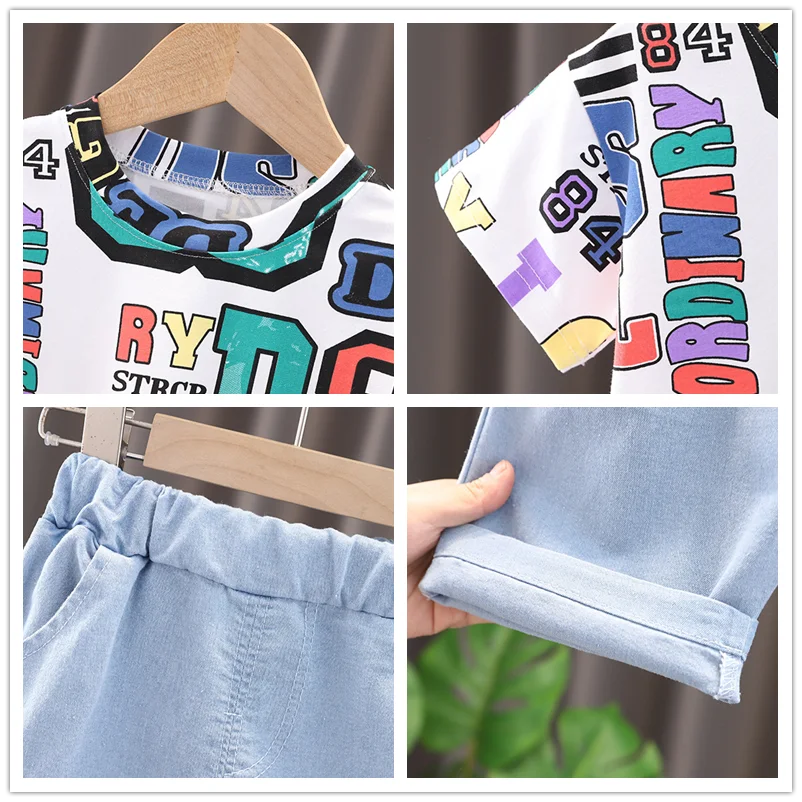 

HYLKIDHUOSE Summer Baby Boys Girls Clothing Sets Infant Printed Letter Short Sleeves T Shirt Denim Shorts Kids Children Outfit
