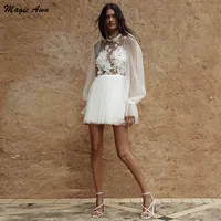 Magic Awn Boho Short Wedding Dresses Long Puff Sleeves Lace Appliques Illusion Ivory High Neck Mini Beach Bridal Gowns Backless