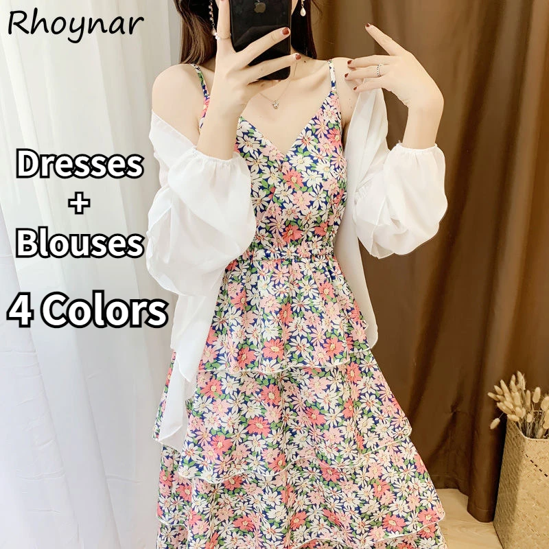 

Women Sets Dresses and Blouses Ruffles Tender Lady Print Folds V-neck Sleeveless Elastic Waist Elegant Ulzzang Chic Holiday New